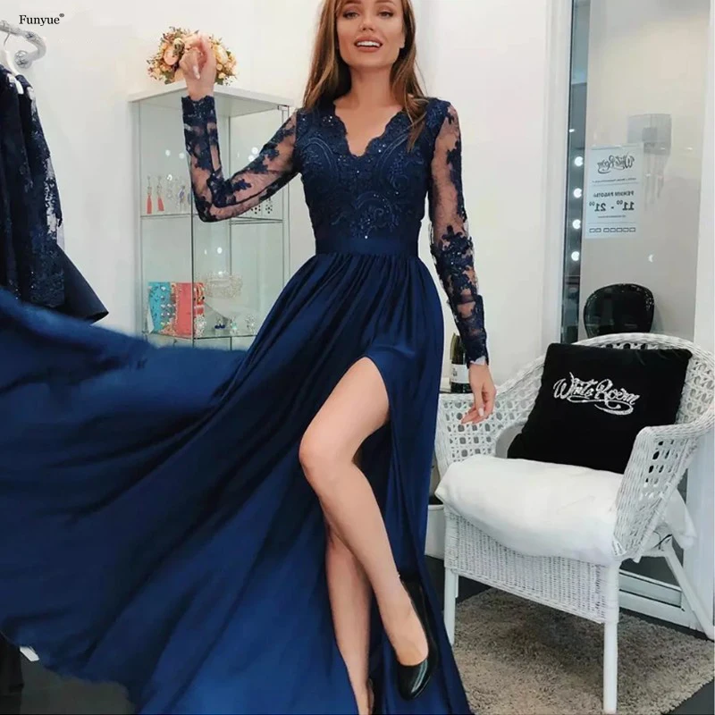 

Elegant Nave Blue Long Sleeve Evening Dress New Arrival V-Neck Side Split Satin Evening Prom Party Gown Vestidos De Fiesta