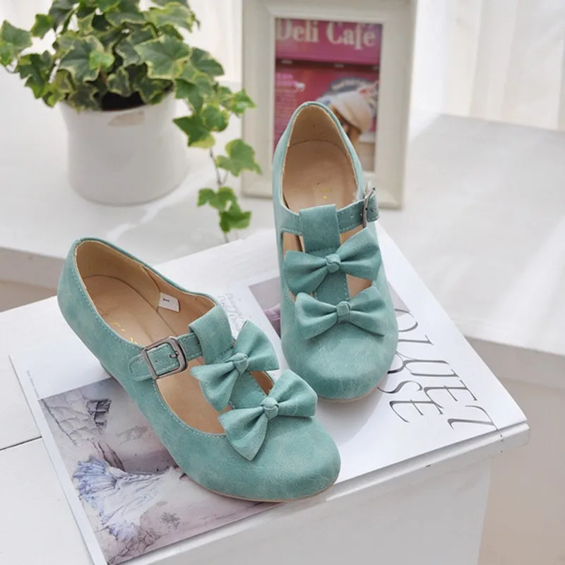 Sweet lolita shoes kawaii girl cosplay bowknot buckle thick heel round head women shoes princess leather shoes loli cos PU