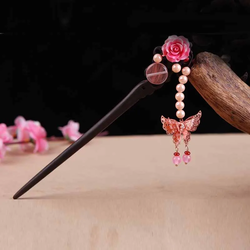 

Ebony Hair Stick Handmade Pear Rose Butterfly Tassel Oriental Japanese Style Kimono Yukata Accessory Classic Vintage HS036