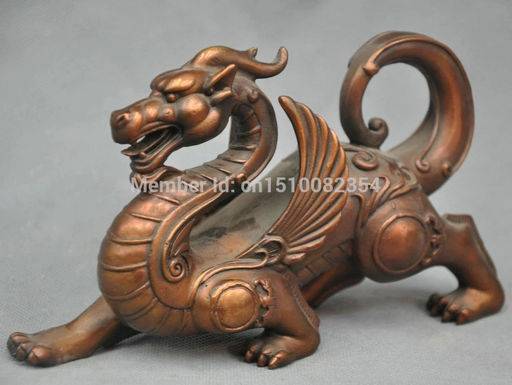 8" China Folk Dragon Unicorn with Wings Bronze Statue