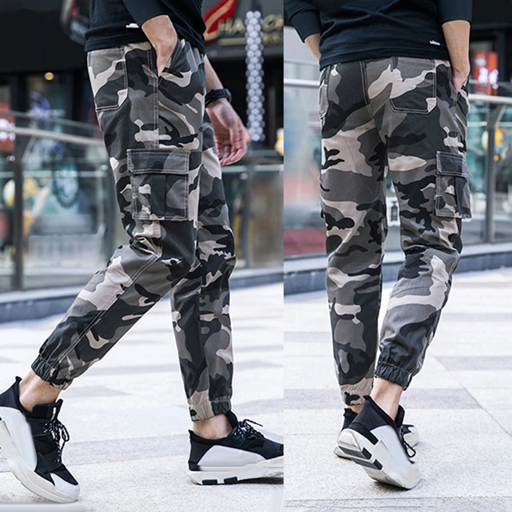 Pantalones Cargo rectos de camuflaje para hombre, pantalones finos con múltiples bolsillos, cintura elástica, corbata en el tobillo