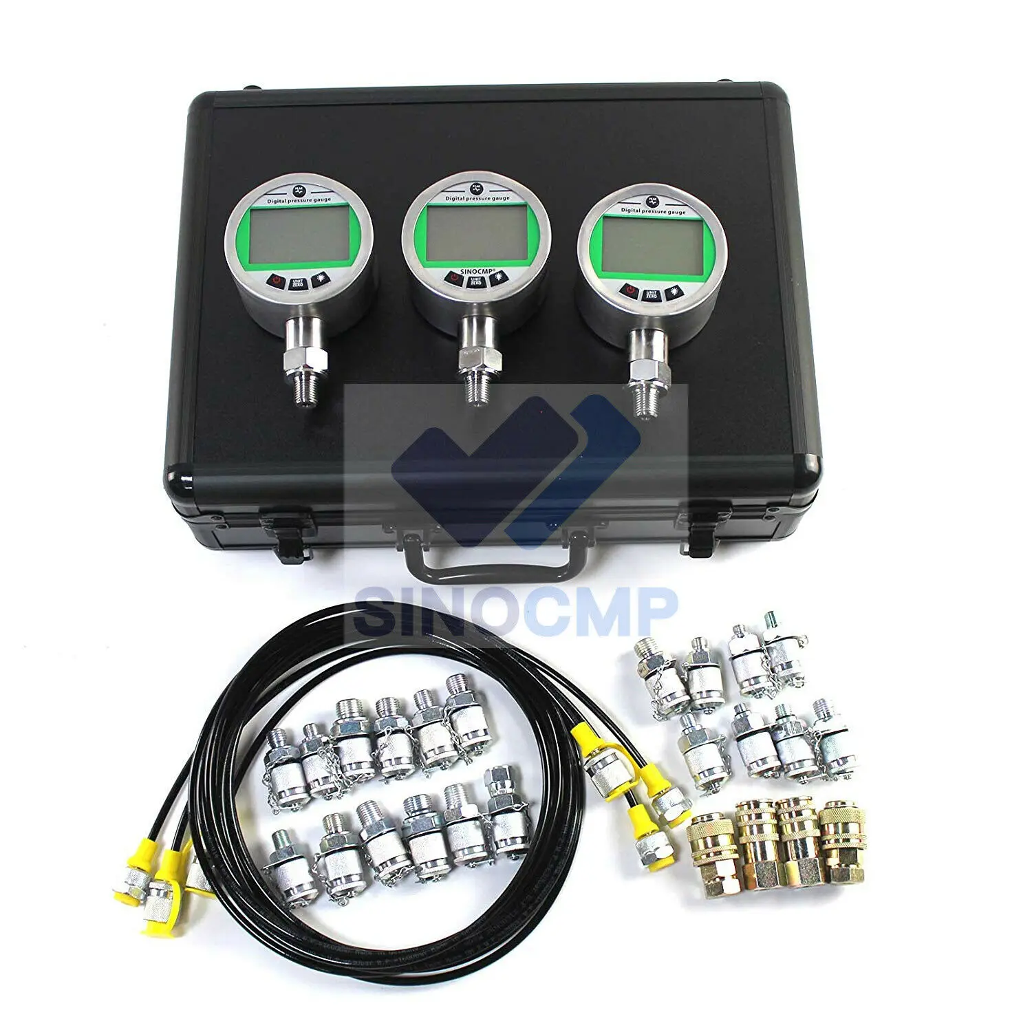 Kit de pressão digital com 3 calibres, 16Mpa, 70Mpa, 3 mangueiras de teste, 24 acoplamentos conector para caixa CAT, John Deere, Komatsu