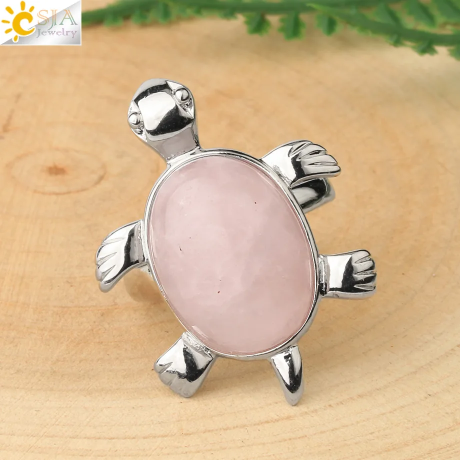 CSJA Women Ring Reiki Natural Crystal Stone Pink Quartz Lapis Silver Color Finger Rings Cute Animal Tortoise Trendy Jewelry F589