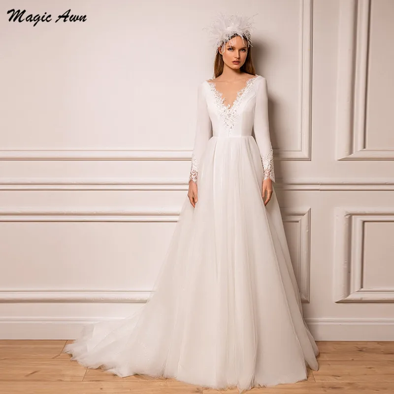 Magic Awn-Vestidos de novia de manga larga, Apliques de encaje con ilusión, cuello en V, marfil, elegante, corte en A, sin espalda