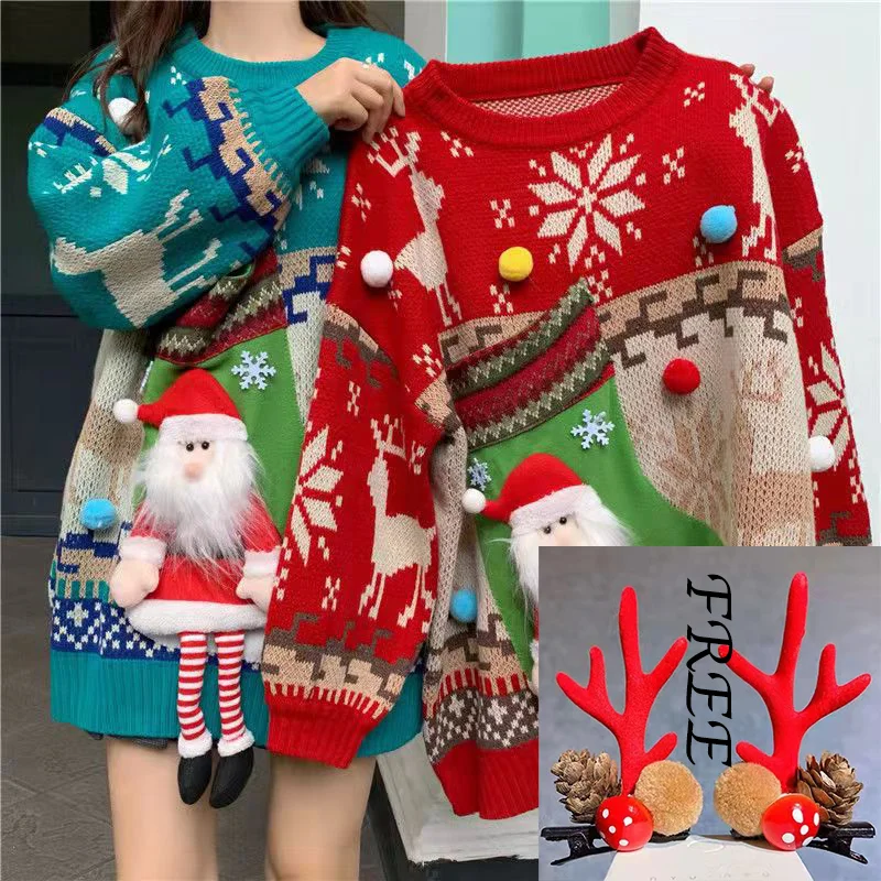 Woman's Sweater Lady Christmas Deer Xmas Textural Santa Claus Knit O-Neck Pullover Loose-Fitting Holiday Ins Fashion Sweet