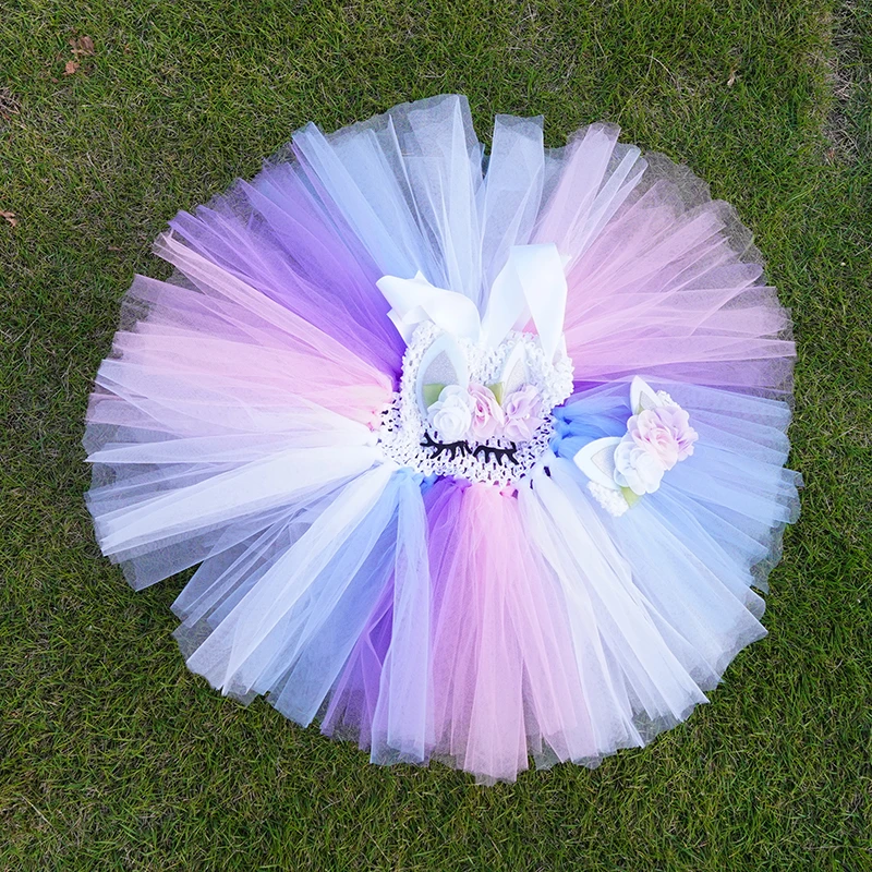 Girls Pastel Unicorn Flower Tutu Dress Baby Crochet Fluffy Tulle Tutus with Headband Kids Birthday Party Costume Cosplay Dresses