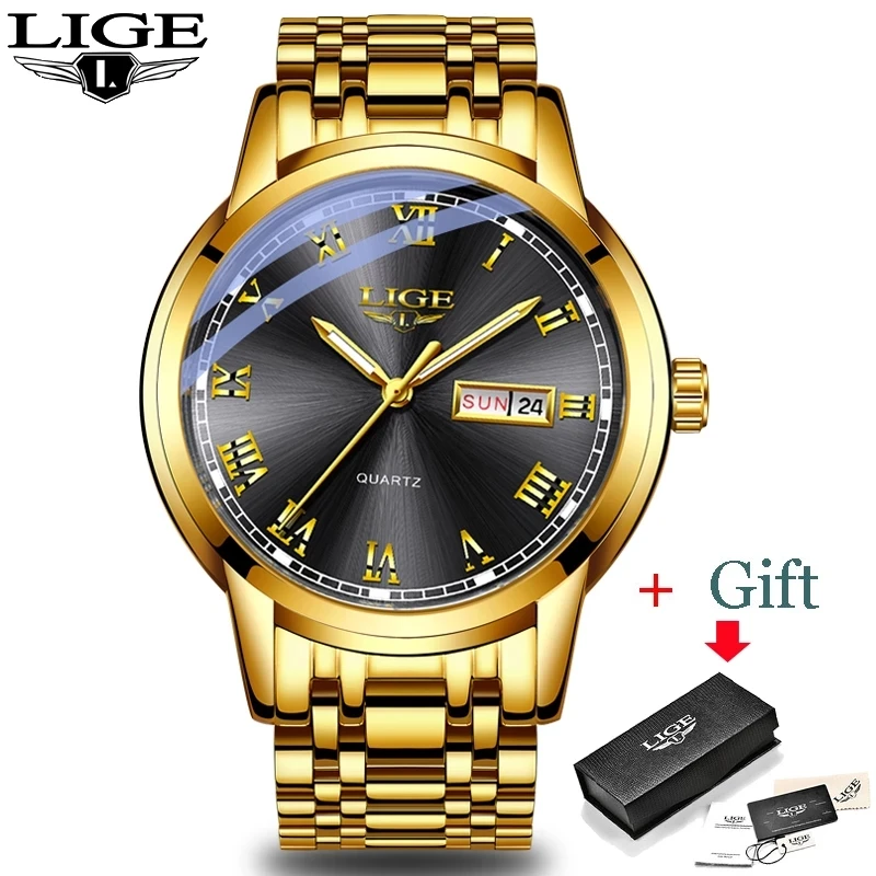 Relogio Masculino LIGE Gold Men Watch Waterproof Stainless Steel with date week Quartz Watches Men\'s Luxury Business Dress Clock