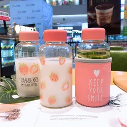 Kawaii Strawberry Water Bottle Glass Cup with Protective Case Drinking Bottle Transparent Cute Cartoon for Girl Student GiftS