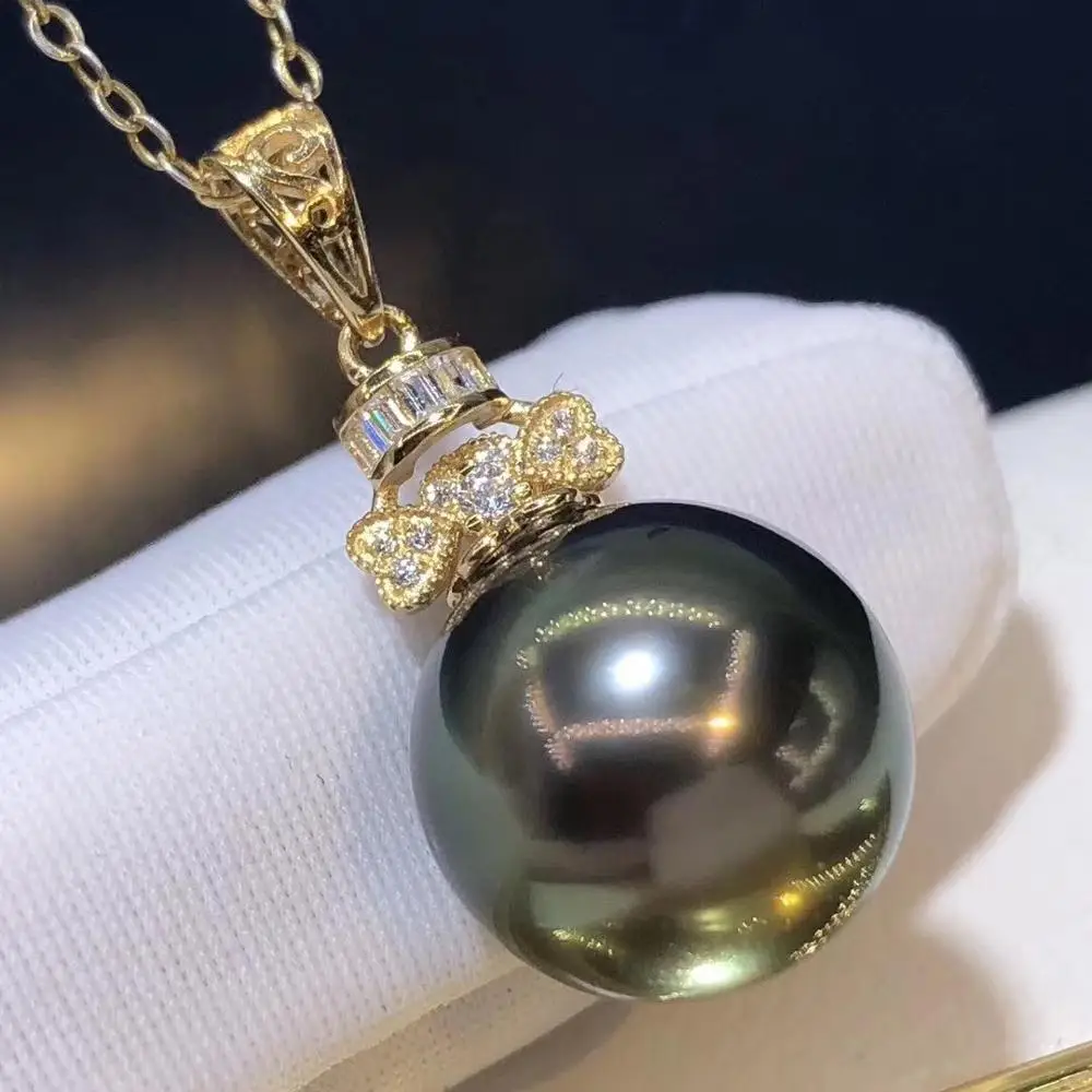 D916 Pearl Pendant Fine Jewelry Solid 18K Gold Round 11-12mm Nature Salt Sea Water Tahiti Pearls Pendants Necklaces for Women