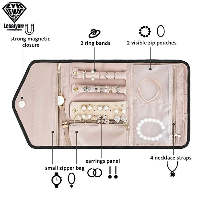 여행 휴대용 보석 주최자 롤 접이식 보석 케이스 여행 반지 목걸이 귀걸이 쥬얼리 스토리지 가방
