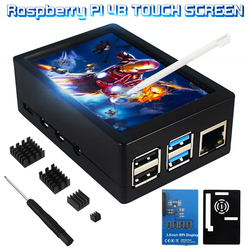 3.5 Inch Raspberry Pi Display 480*320 LCD Touch Screen + Touch Pen + ABS Case + Heat Sink for Raspberry Pi 4 Model B 3B / 3B+