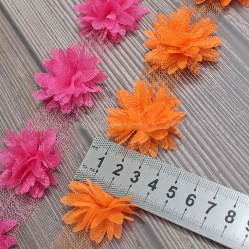 10Yards 3D Chiffon Flowers DIY Lace Trim Red Pink Orange Yellow Blue Ribbon 44mm Fabric Decoration Clothes Accessories