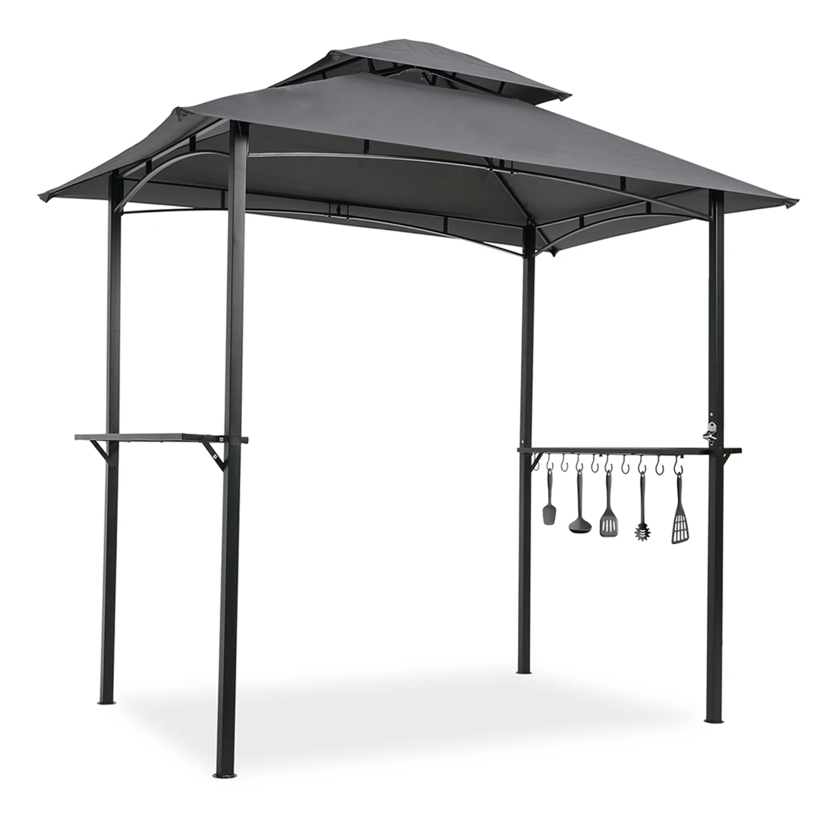 Shelter Tent Double Tier Outdoor Grill Gazebo 8x5Ft Soft Top Canopy and Steel Frame with Hook  Bar Counters Grey[US-Stock]