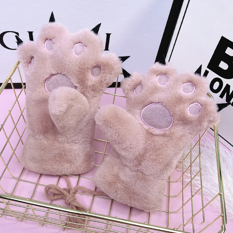 Winter Cat Claw Design Women\'s Cosplay Gloves Warmth Lolita Girlish Accessories Thick Fuzzy Hanging Thread Cartoon Cute Gloves