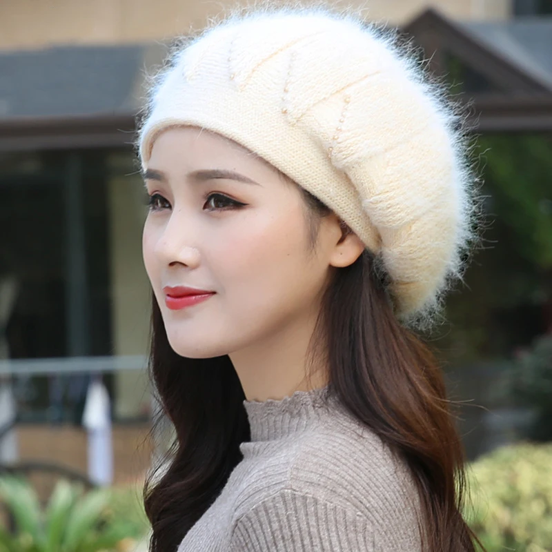 Hat Women Angora Beret Winter Knit Warm Beads Double Layers Thermal Snow Outdoor Skiing Accessory Cap Headwear