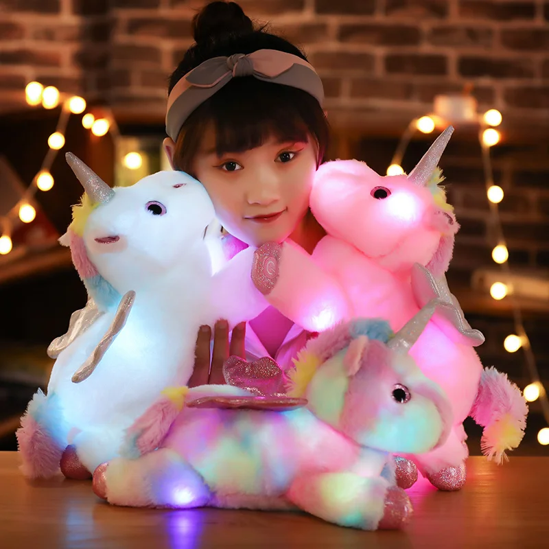 Peluche de unicornio electrónico de animales de peluche, juguete suave con luz LED, brillante, regalo de cumpleaños y Navidad