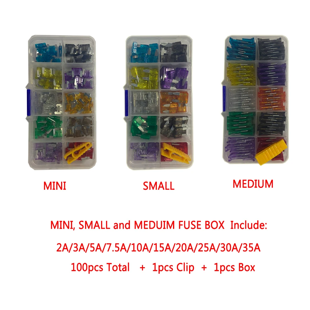 Combination Car Fuse 50/100PCS Assortment Set for Auto Blade Type Cars Fuses 2/3/5/7.5/10/15/20/25/30/35A with Box and Clip