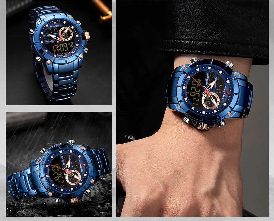 NAVIFORCE 9163 Luxus Original Sport Armbanduhr Für Männer Quarz Stahl Wasserdicht Dual Display Militär Uhren Relogio Masculino – Detail 12