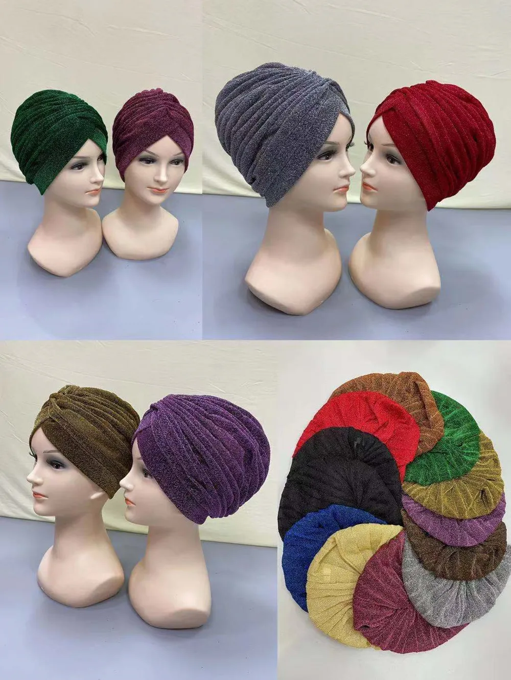 Women Knot Twist Turban Hat Shine Silver Gold Hats Headscarf Autumn Spring Warm Casual Muslim Indian Hats Female Caps 12pcs/pack