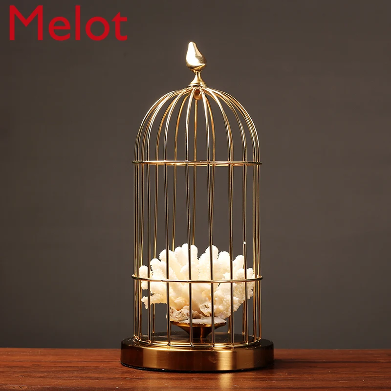 Chinese Style Half-Handmade Neoclassical Metal Birdcage Coral Living Room Home Desktop Decoration Gift