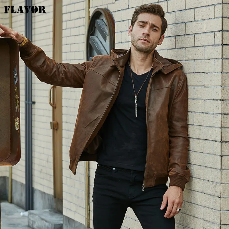 FLAVOR Men's Winter Jacket Genuine Leather Pigskin With Hood
