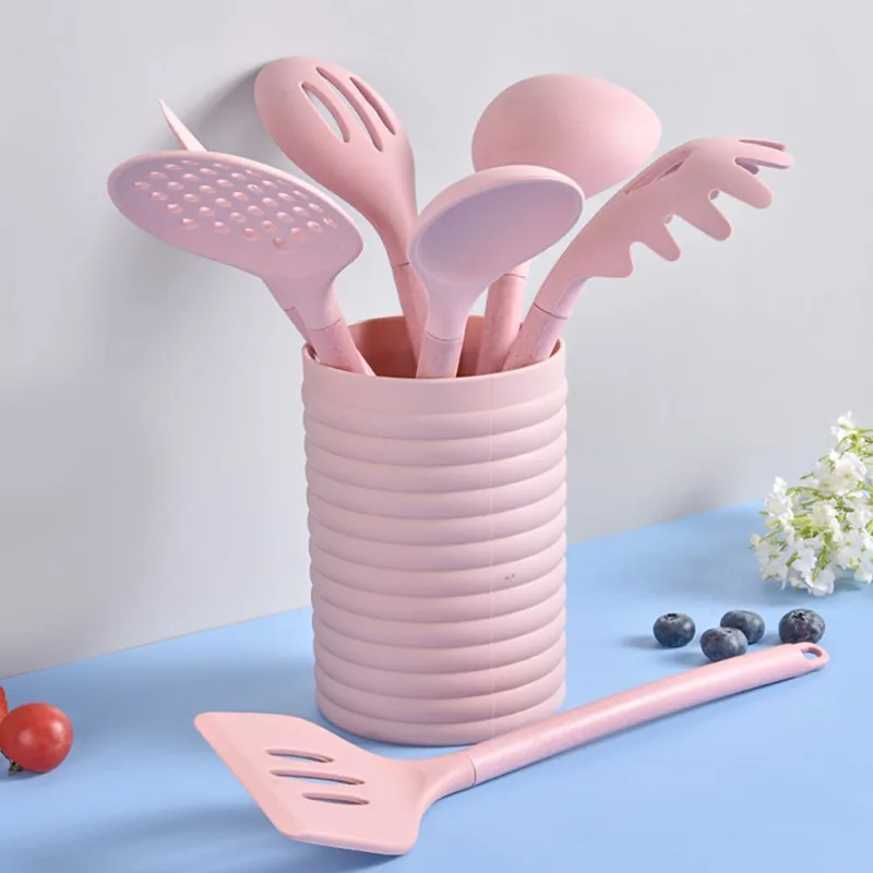 8PCS Pink Silicone Cooking Utensils Non-stick Kitchenware with Spoon Holder Kitchen Accessories Cooking Tools Set for Kitchen