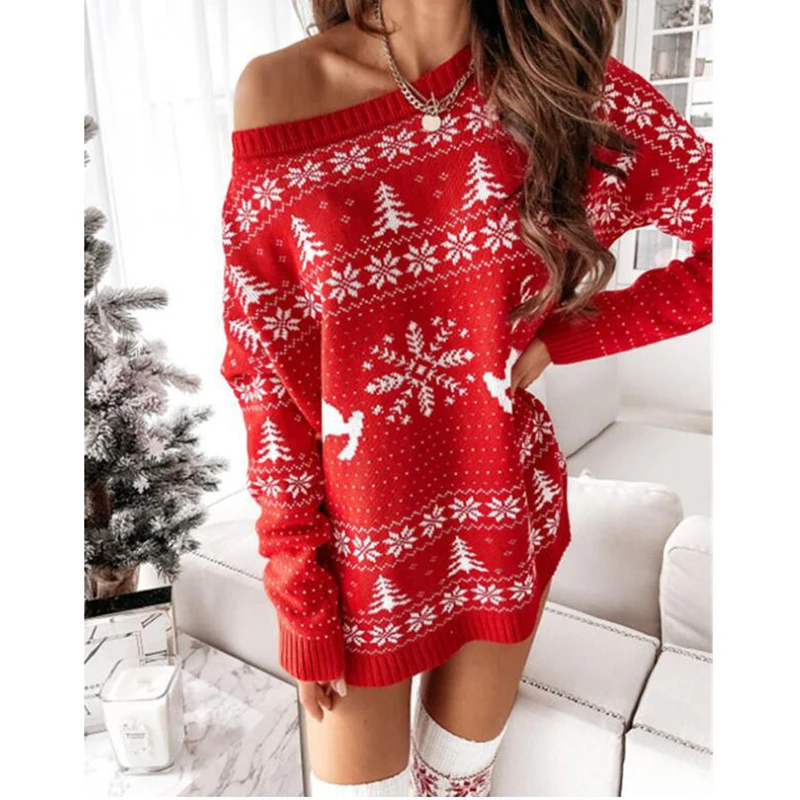 Women Christmas Sweater Dress Autumn Winter Long Sleeve Off Shoulder Kniteed Casual Pullover Oversized Fashion Jumper New