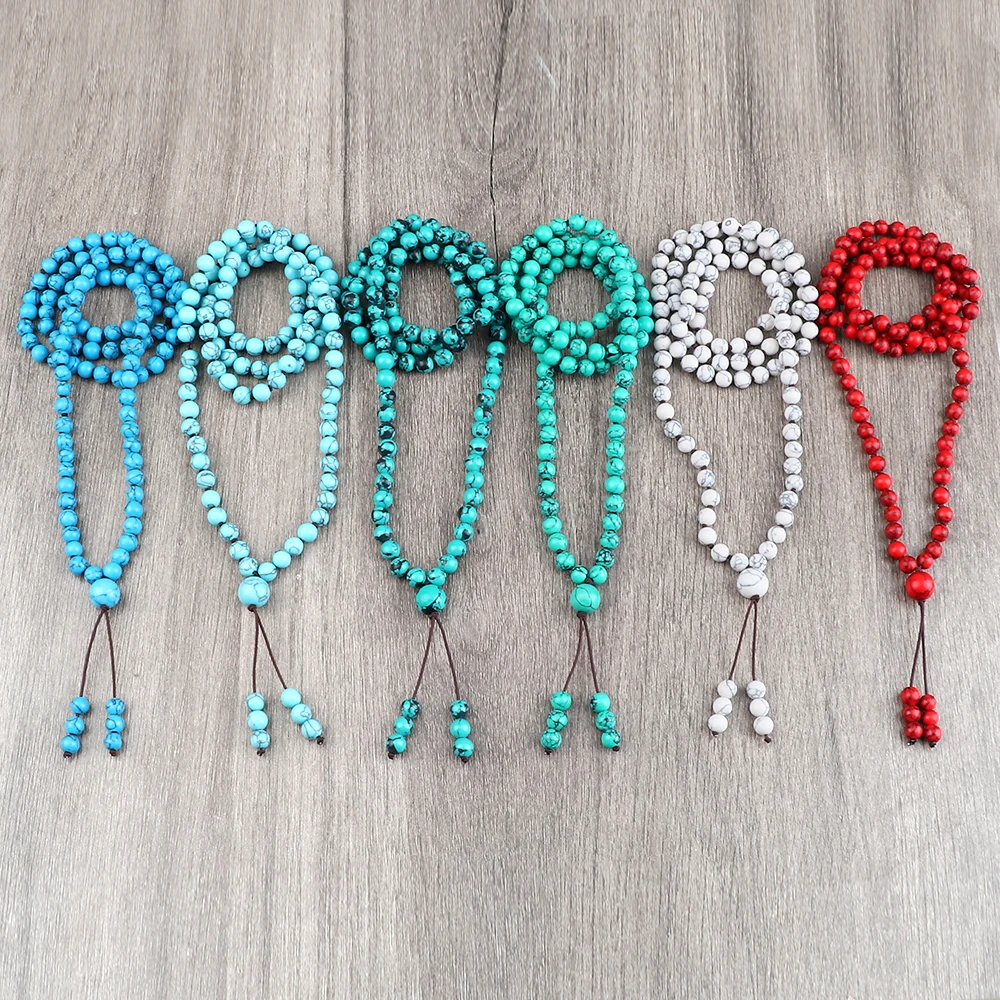 Knotted Beaded Necklace Blue Green Natural Stone Handmade Adjustable 108 Mala Beads Necklaces Yoga Bracelet Bohemia Jewelry Gift