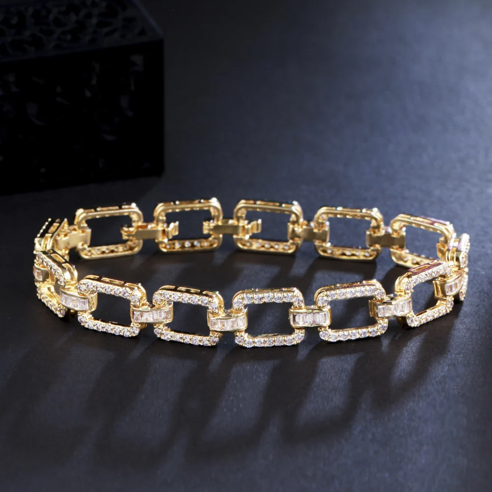 

ThreeGraces Sparkling Cubic Zirconia Yellow Gold Color Geometric Link Chain Bracelet for Women New Trendy Party Jewelry BR184