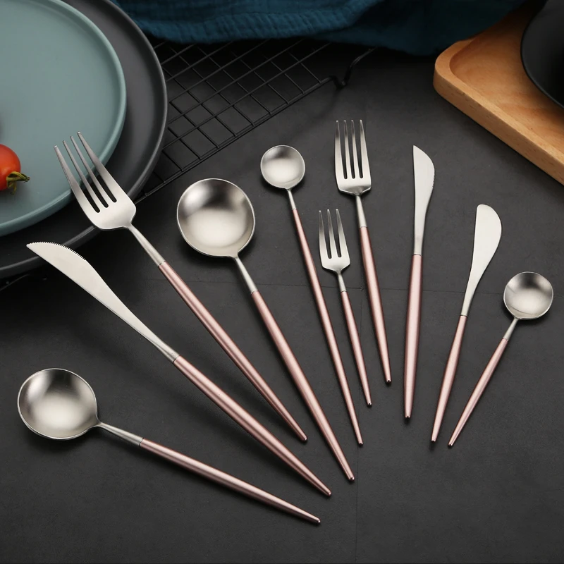 Matte Cutlery Set 18/10 Stainless Steel Silver Spoon Fork Knife Dinnerware Set Chopsticks Kitchen Tableware Set Round Handle