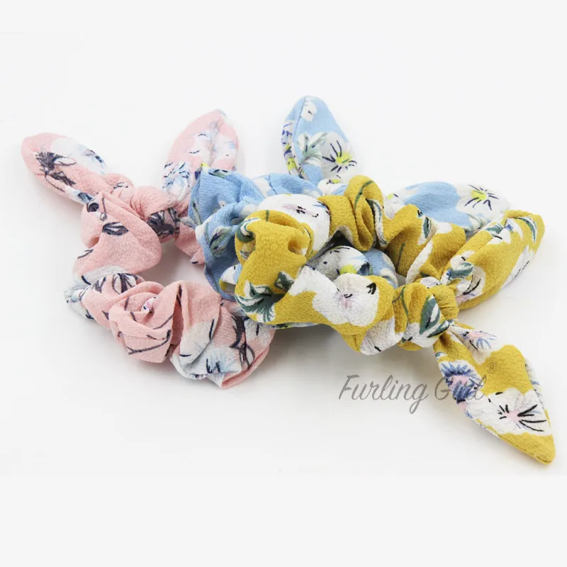 Furling Girl 1 PC Floral Chiffon Fabric Bunny Ears Elastic Hair Bands Peach Flower Design Rabbit Ears Hair Bow Hair Accessories