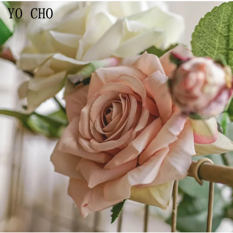 YO CHO 5PCS/Lot Pink Silk Rose Wedding Bouquet Flowers Mariage DIY Bride Bridesmaids Artificial Flowers Milk White Rose Bouquets