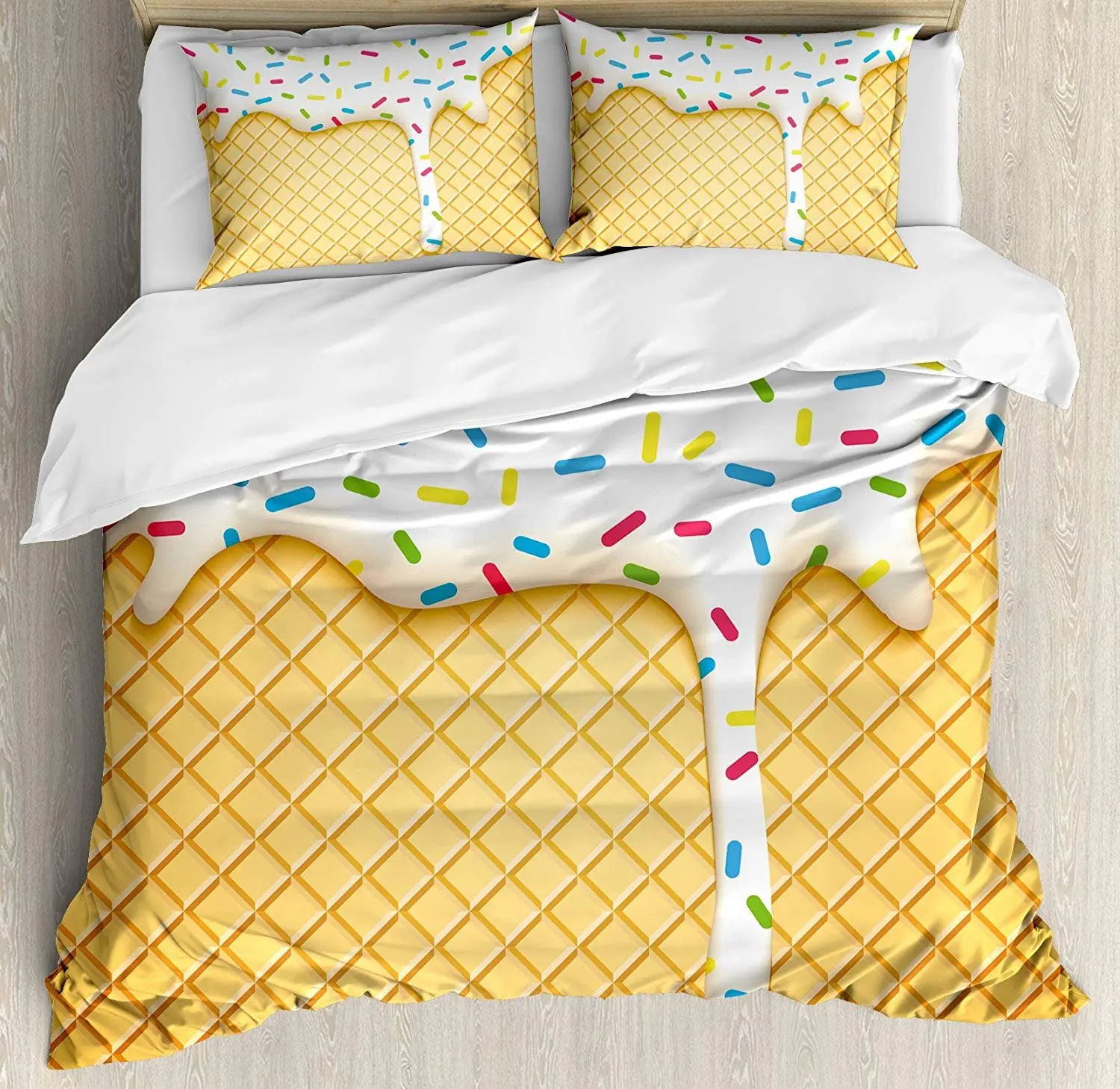 

Food Bedding Set Cartoon like Image of and Melting Ice Cream Cones Colored Sprinkles Artistic Print Duvet Cover Set Pillowcase