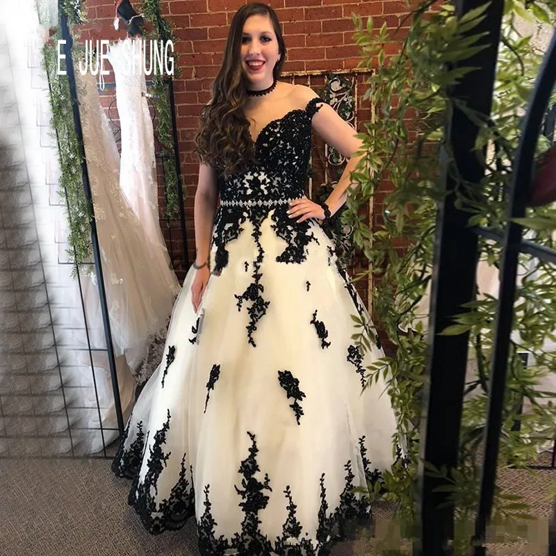 E JUE SHUNG-vestidos De novia largos con cuello redondo, De manga corta, De encaje blanco y negro, con flores y banda, a la moda