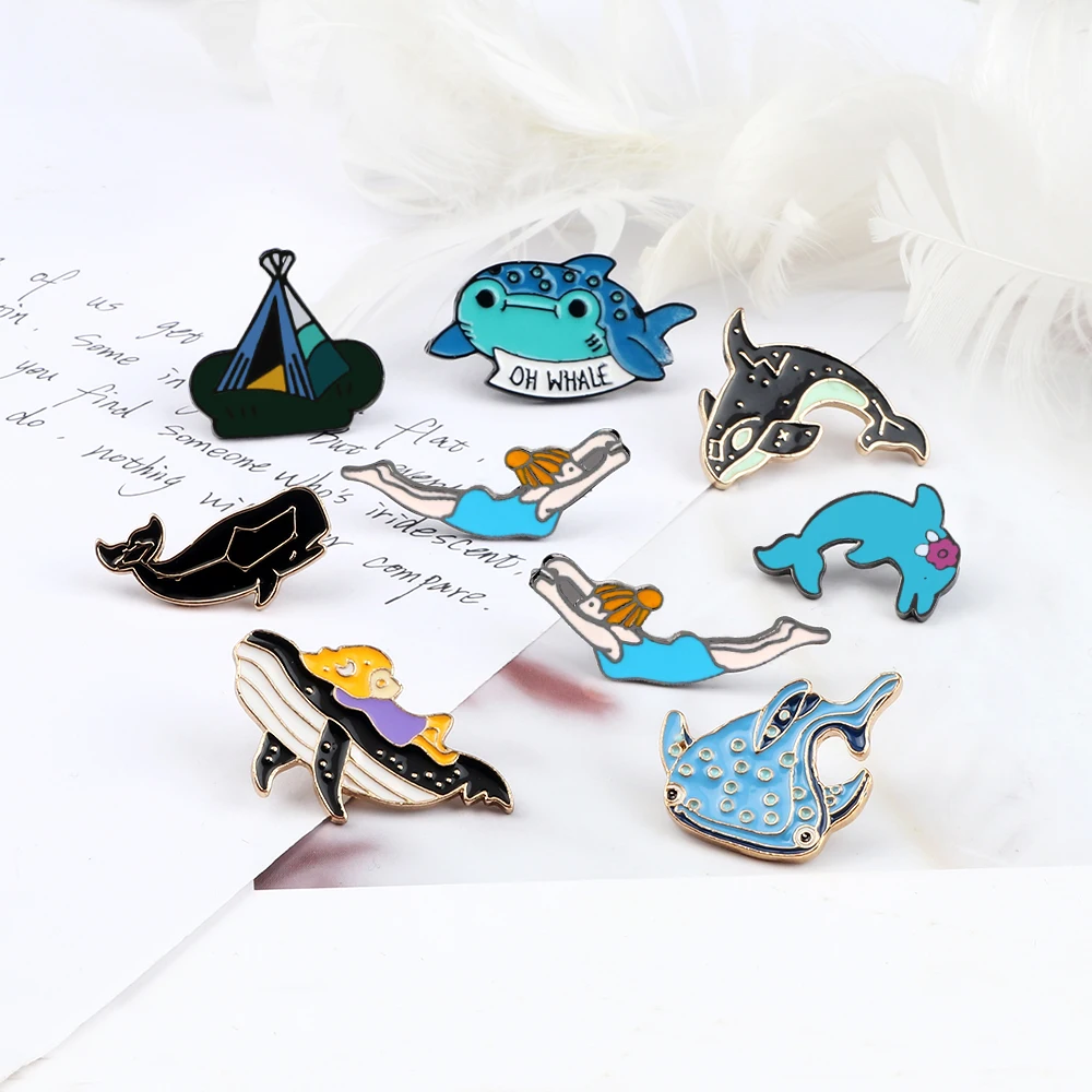 Funny Marine Animals Brooches Cartoon Swimmers Ocean Whale Shark Dolphin Pins Badge Metal Buckle Pin Jewelry Gift For Kids Women