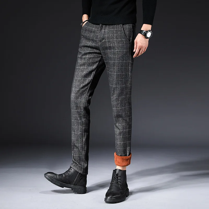 

Plaid Fleece Warm Men's Formal Winter Dress Pants Velvet Business Suit Pants Men Cotton Slim Elastic Trousers For Men