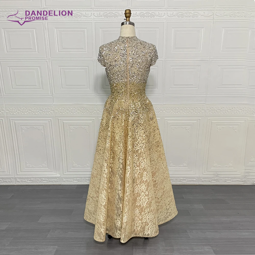 Luxury Gold Evening Dress  2020 High Neck Cap Sleeves  A-Line Lace Beads Handmade Prom Formal Party Gowns