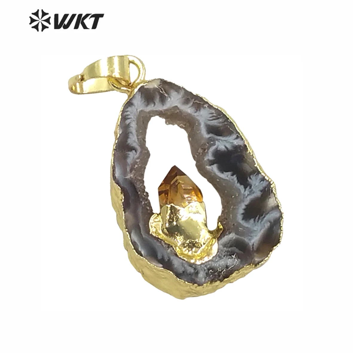 WT-P1160 WKT Natural Stone Pendant High Quality Slice Geode With Geode With Electroplate For Women Fashion jewelry Making