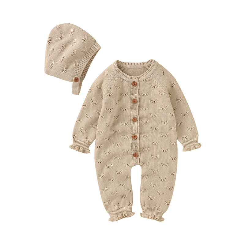 

Autumn Baby Romper Knit 100%Cotton Newborn Girls Jumpsuit Outfits Long Sleeve Infant Kid Solid Ruffle Playsuit Hat 2PCS Clothing