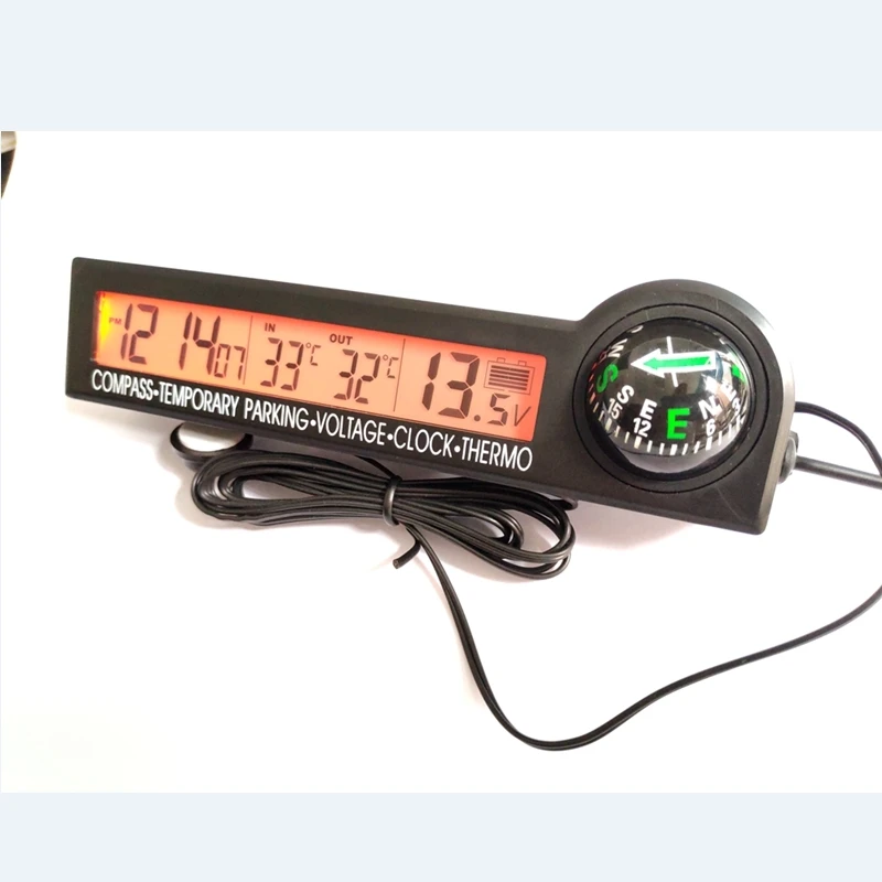 Car Automobile Digital Campass Clock Thermometer 12V Voltage Meter Icing Alarm LCD Backlight Temporary Parking Decoration