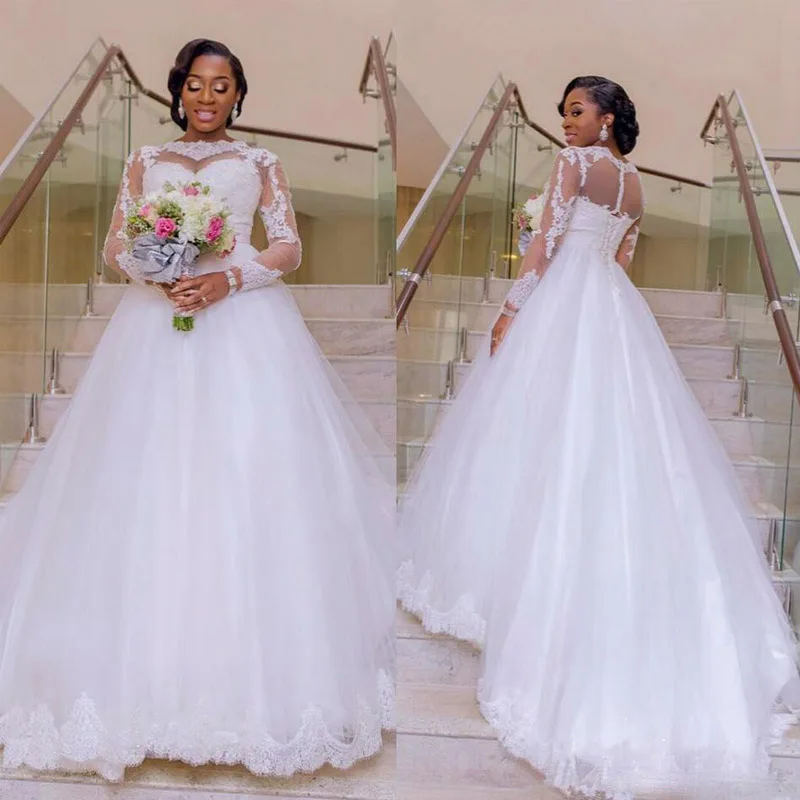 

Plus Size Sheer Long Sleeves Wedding Dress Lace Appliques A-Line Dress With Court Train Bridal Gown Formal Vestido De Noiva 2020