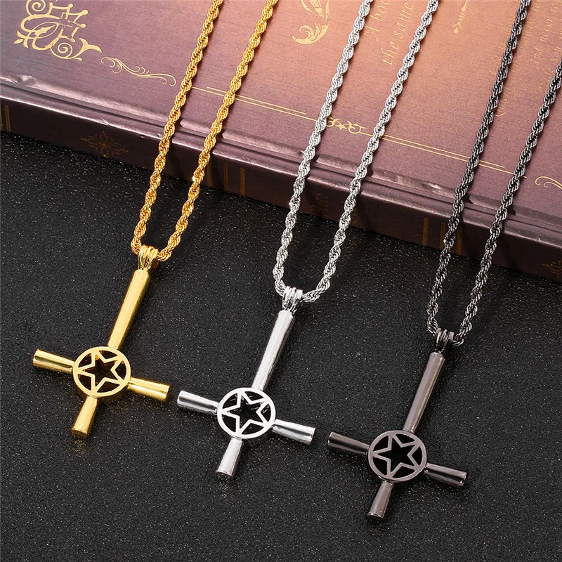 Cross Pentagon Pendant Necklace For Women Men Religious Jewelry 3 Color Creative Fashion Hollow Star Necklaces Gift Wholesale