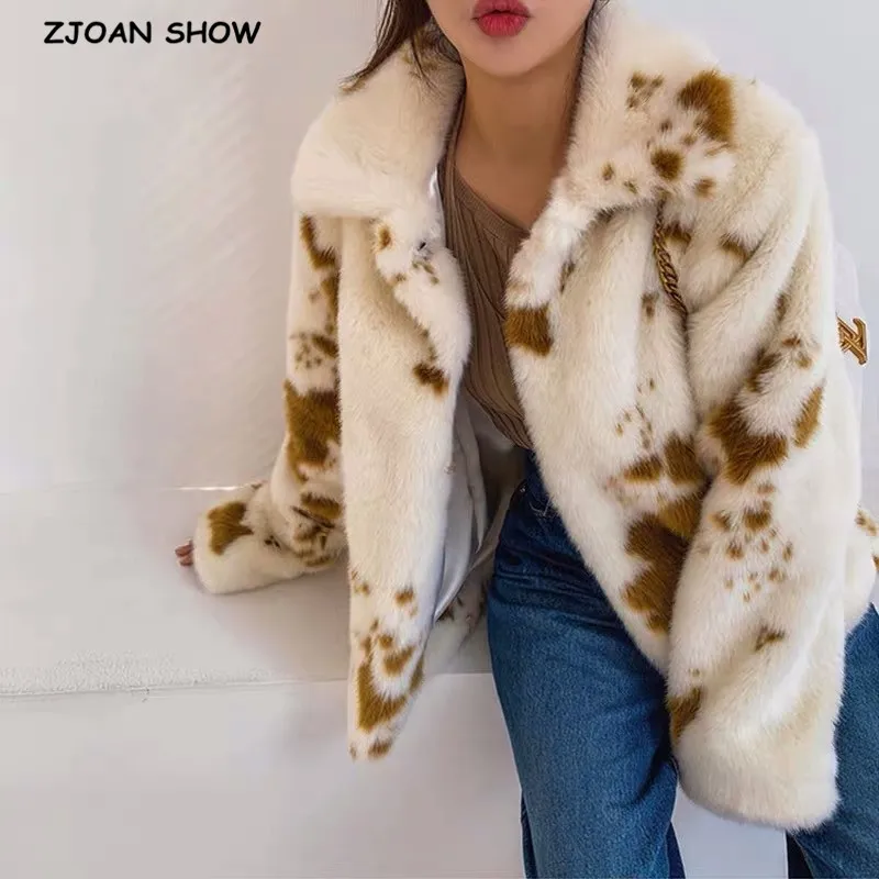 HIGH QUALITY Winter Notched Collar Hairy Shaggy Tuscan Cow Leopard Fur Jacket Long sleeve Furry Women Coat Loose Short Outerwear