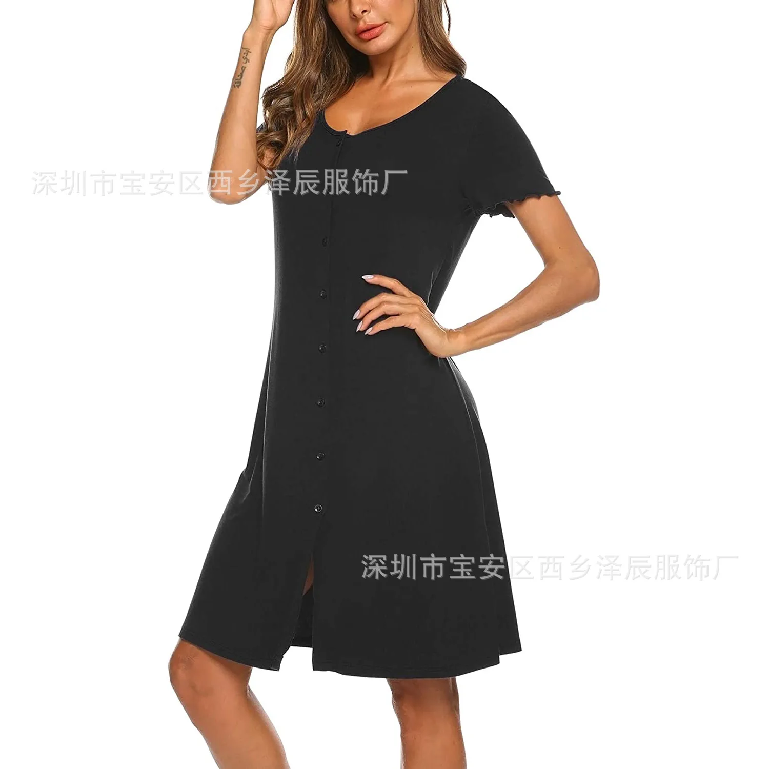 

V-Neck Sleepwear Pajama Dress Breastfeeding Pregnancy Clothes Women's Nightshirt Short Sleeve Button Down Nightgown