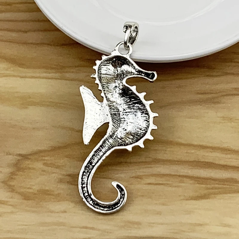 2 Pieces Large Sea Horse Hippocampus Silver Color Charms Pendants for Necklace Jewelry Making 77x29mm