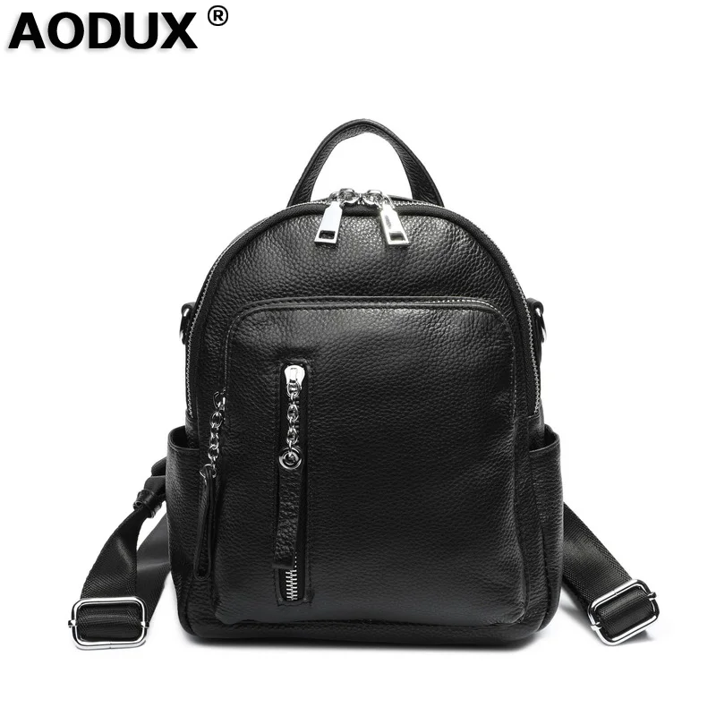 Aodux Silver Hardware 100% Genuine Cow Leather White Women Design Backpack Lady Girl Top Layer Cowhide Book Bag Style Knapsack