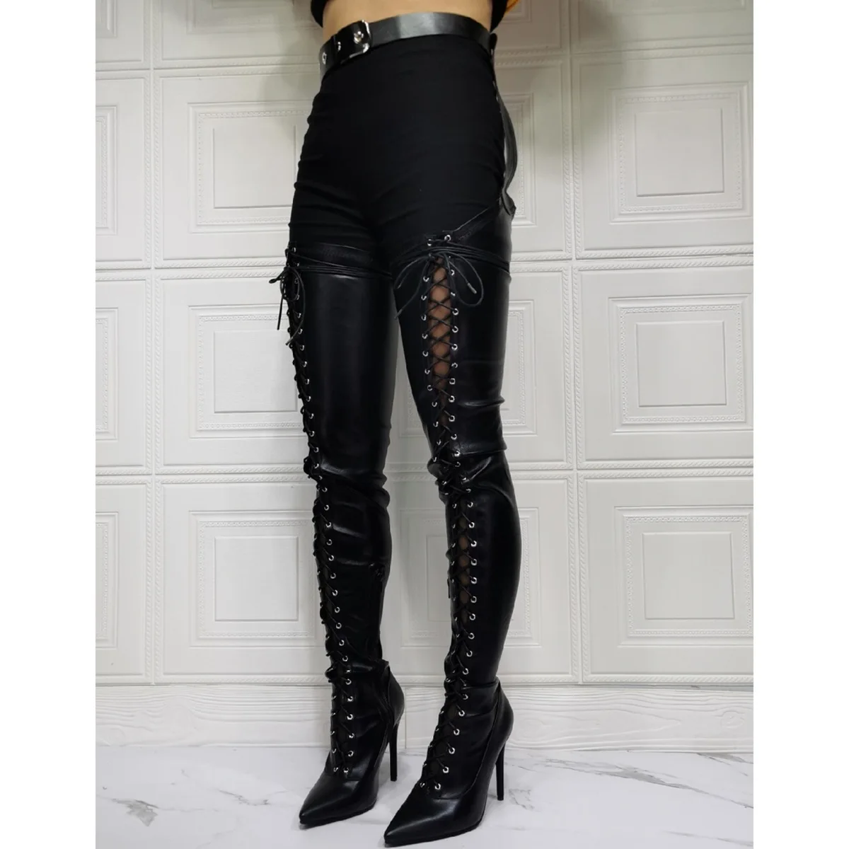 Sexy women Crotch Over Knee Hollow Out Summer Boots Ribbon Lace Up Thigh High Boot Out Strappy Gladiator Heels Big Size 14 15