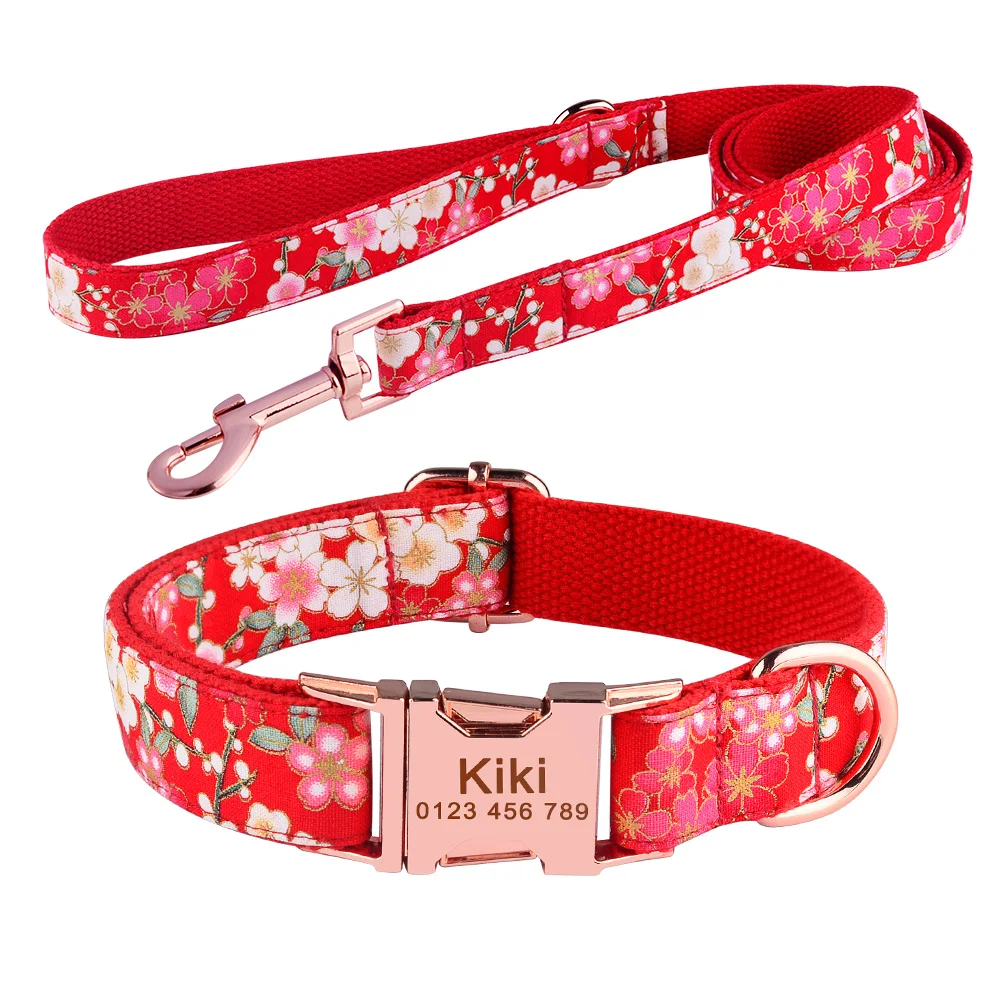 Verstelbare Nylon Sakura Halsband Custom Gegraveerde Naam Gepersonaliseerde Halsband Leash Puppy Kleine Grote Hond Kraag Leash Set