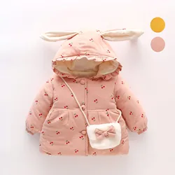 2PCS Children Warm Winter Baby Girls Infant Kids Rabbit Ears Hooded Thicken Velvet Printed Flora Parkas Coat Outwear Casaco+Bag