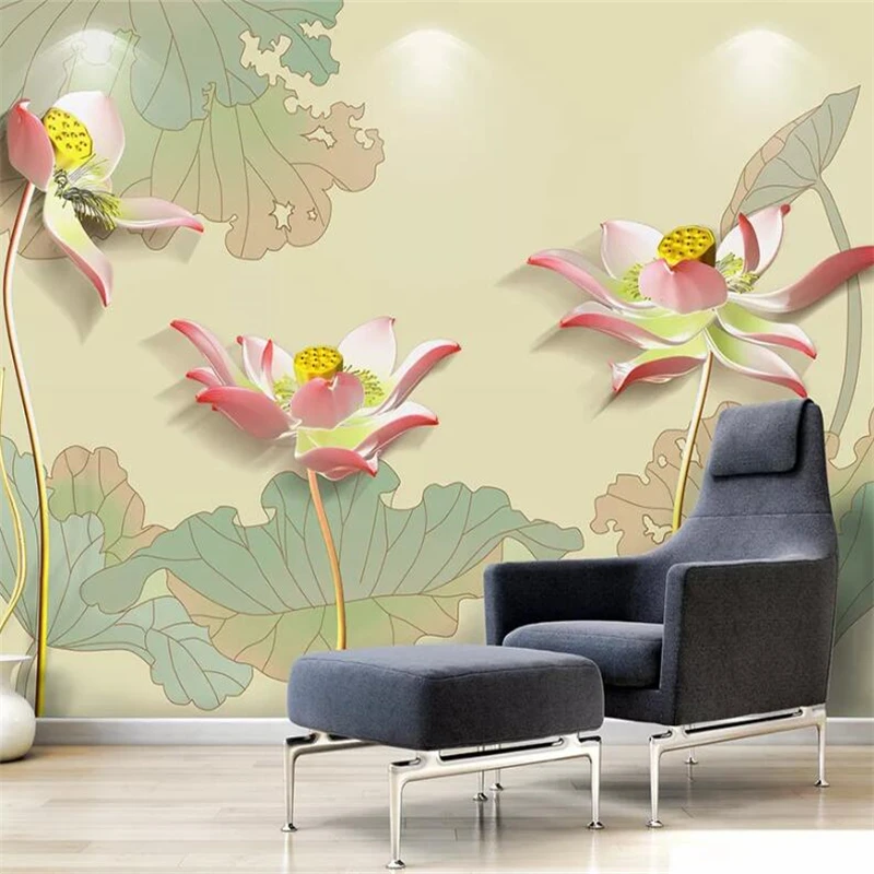 wellyu Custom wallpaper mural new Chinese beautiful hand-painted pen lotus three-dimensional background wall papel de parede